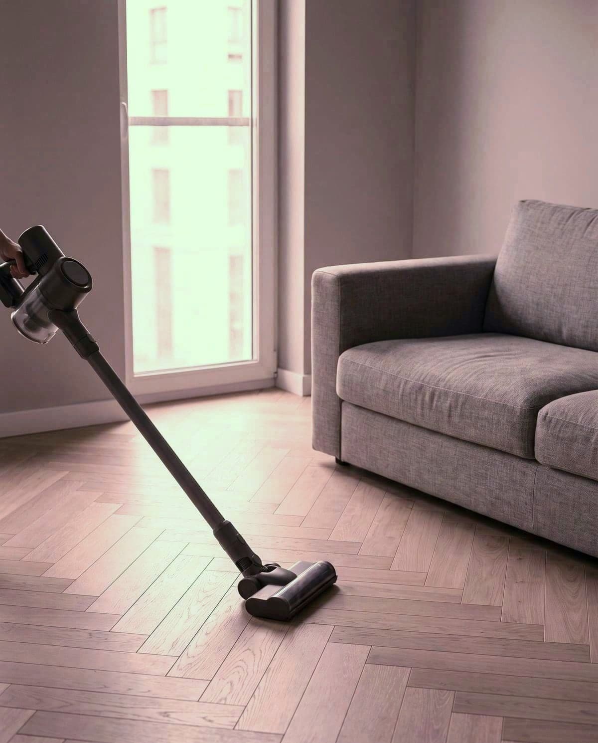 Odkurzacz pionowy w trakcie pracy na parkiecie obok kanapy