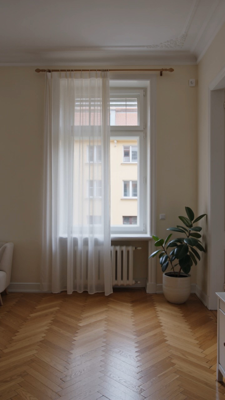Salon z jodełkowym parkietem w porannym świetle, urządzenie oparte o ścianę